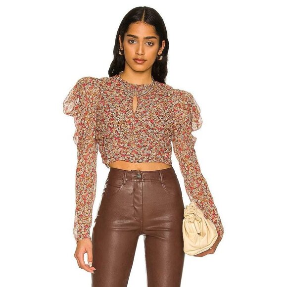 Bardot Revolve Ruched Ditsy Floral Puff Shoulder Crop Top Blouse Size S - Picture 1 of 8